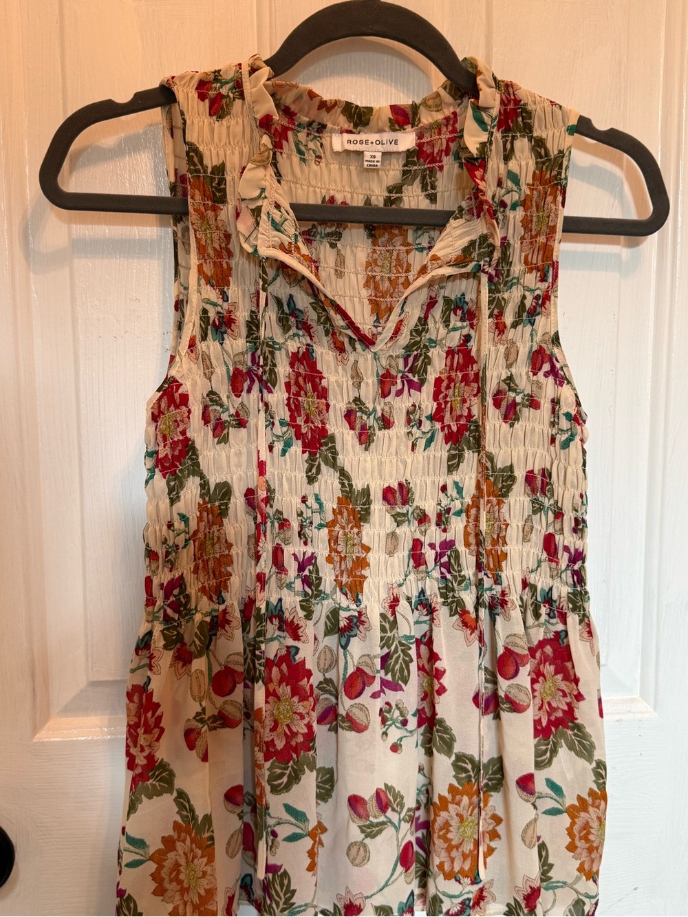 Rose & Olive Cream Floral Smocked Camisole with Red & Orange Blooms